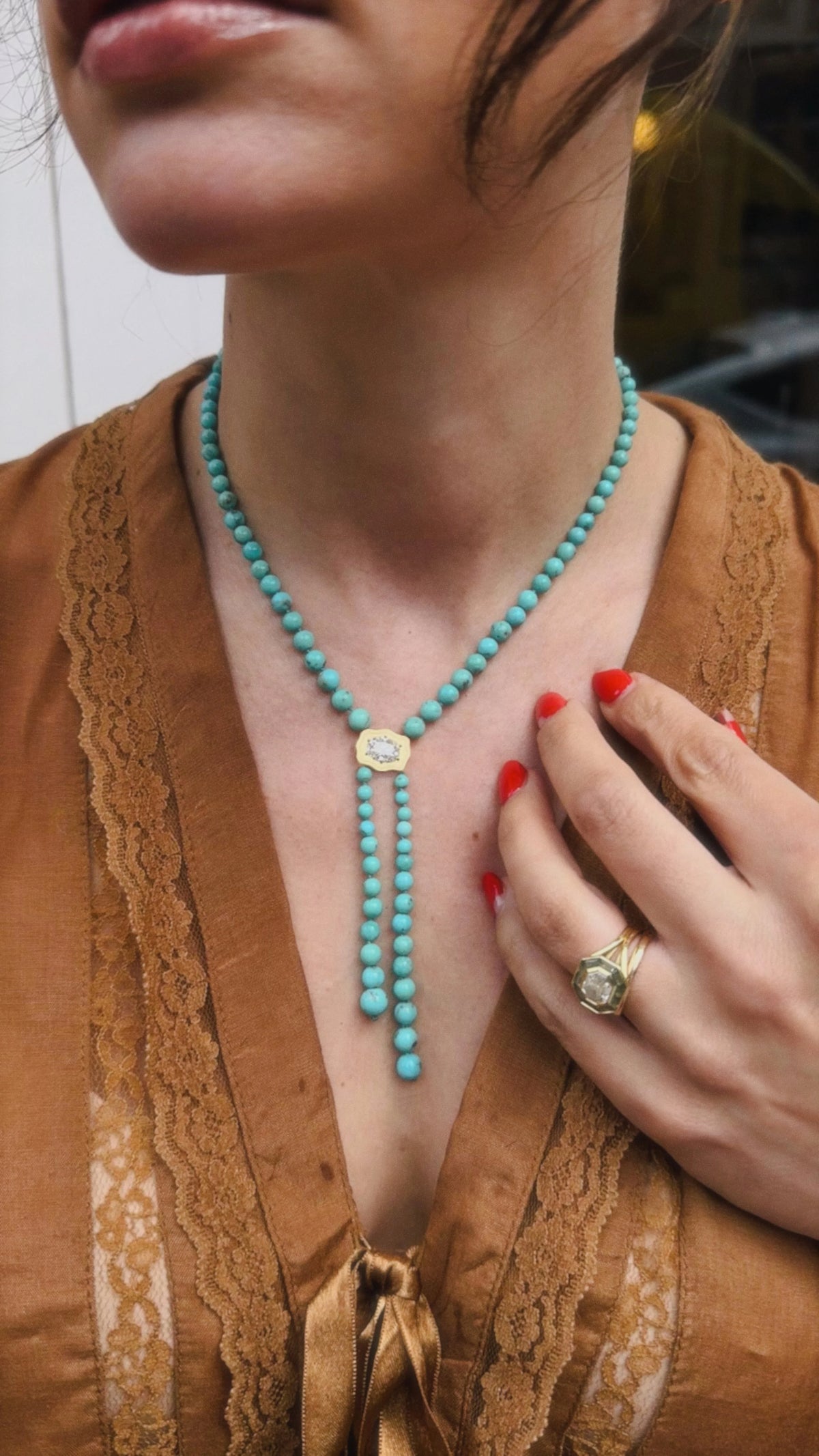 Elvie Bolo Necklace in Turquoise & Diamond