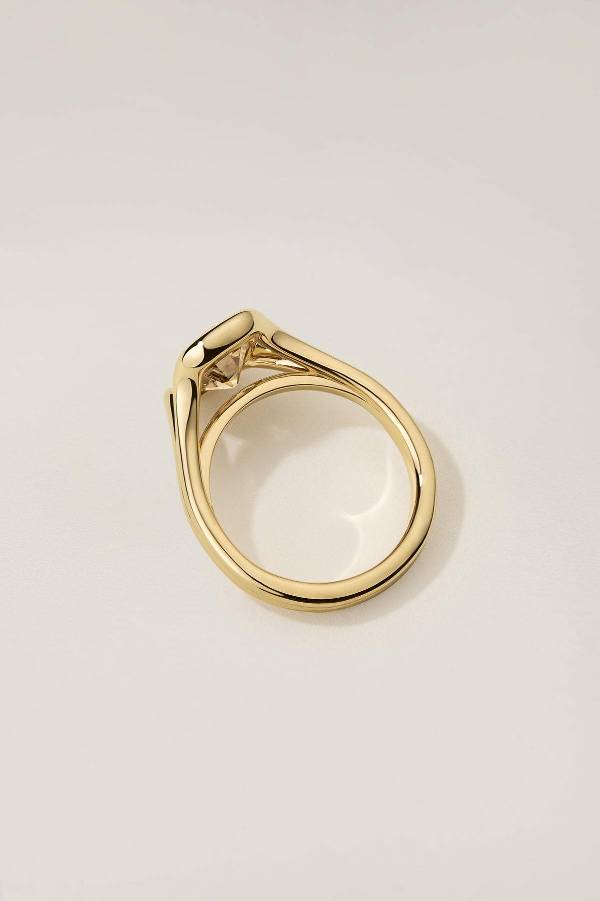 Analie Ring in profile, showing the double-wire shank splitting as it rises into the half-bezel
