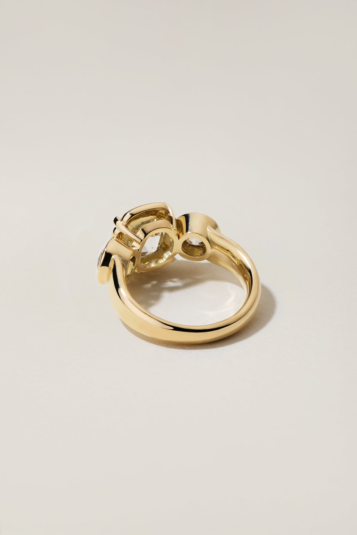Rosa Ring at an angle, showing the open basket setting and the tapered shank